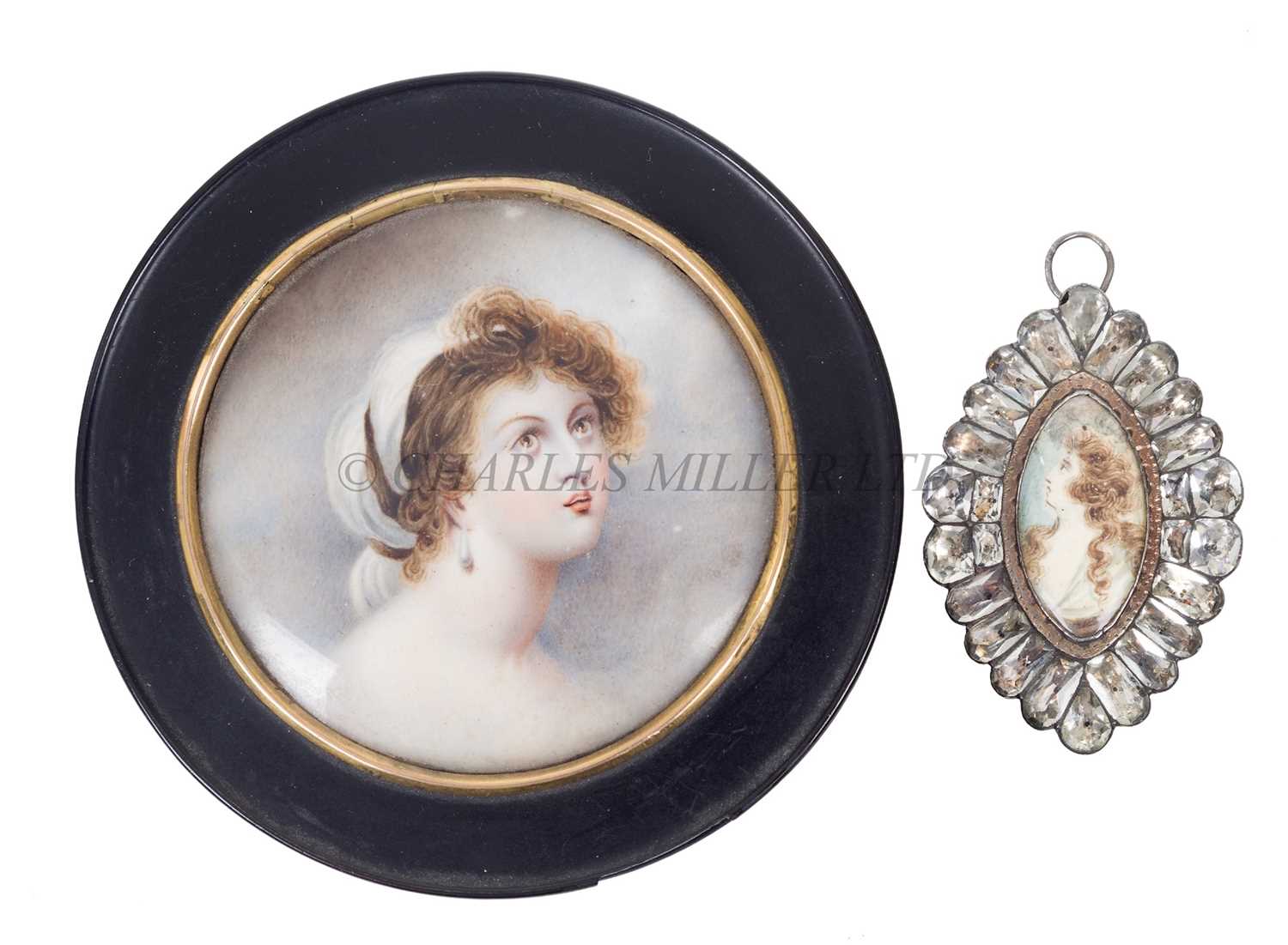 Lot 185 - A PORTRAIT MINIATURE OF EMMA, LADY HAMILTON, MOUNTED IN A PAPIER MÂCHÉ BOX BY STOBWASSER, BRUNSWICK, GERMANY, CIRCA 1800
