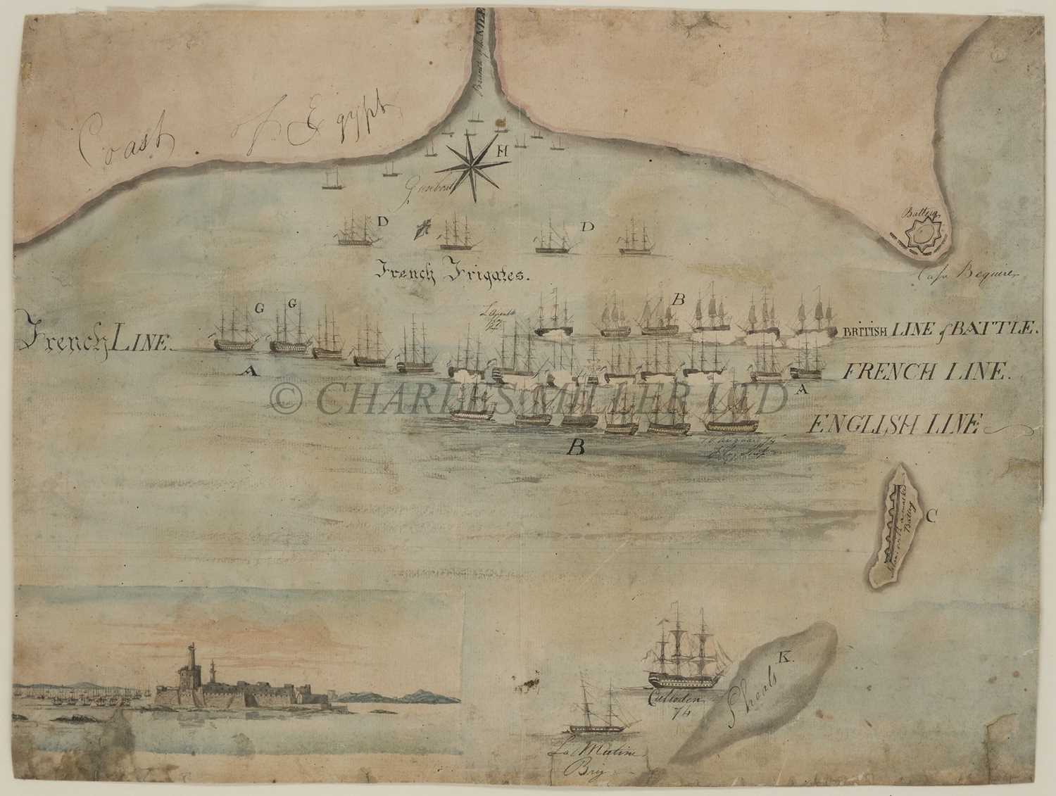 Lot 162 - A RARE CONTEMPORARY PLAN OF THE BATTLE OF THE NILE, PEN AND INK WITH WATERCOLOUR ON PAPER, ENGLISH, CIRCA 1798