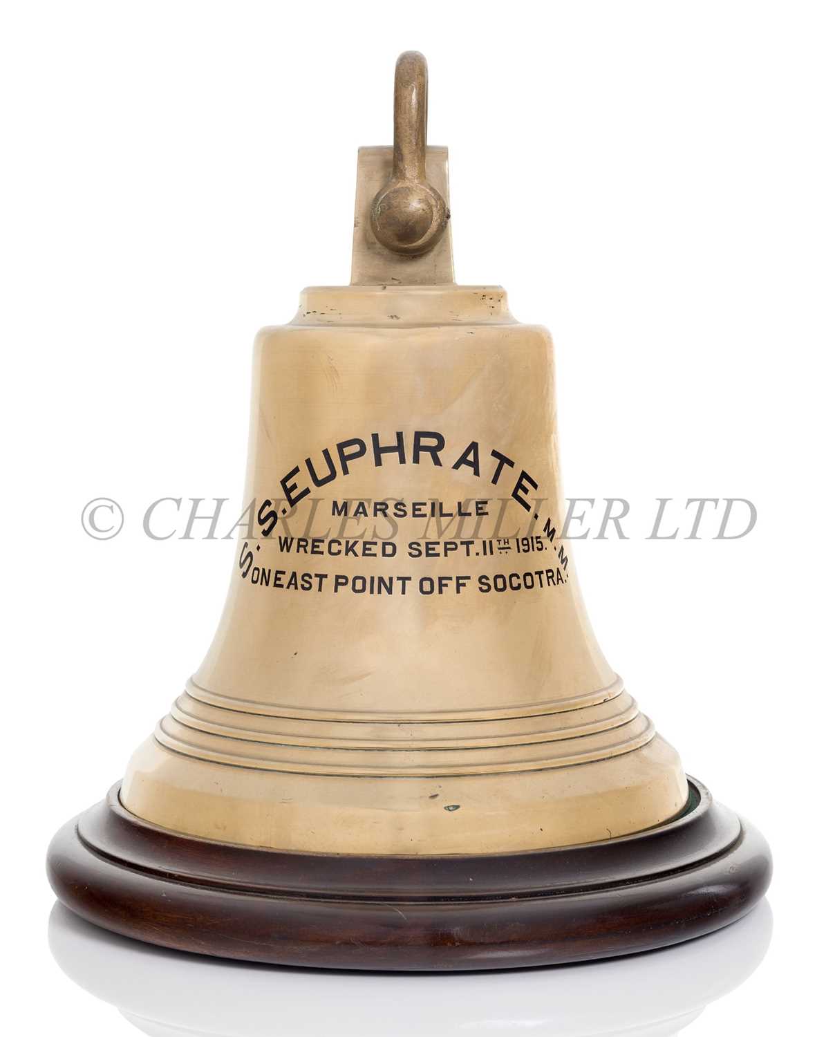 Lot 74 - A COMMEMORATIVE SHIP'S BELL PRESENTED TO THE S.S. 'CITY OF NAGPUR' FROM THE SURVIVORS OF THE S.S. 'EUPHRATE', WRECKED 1915