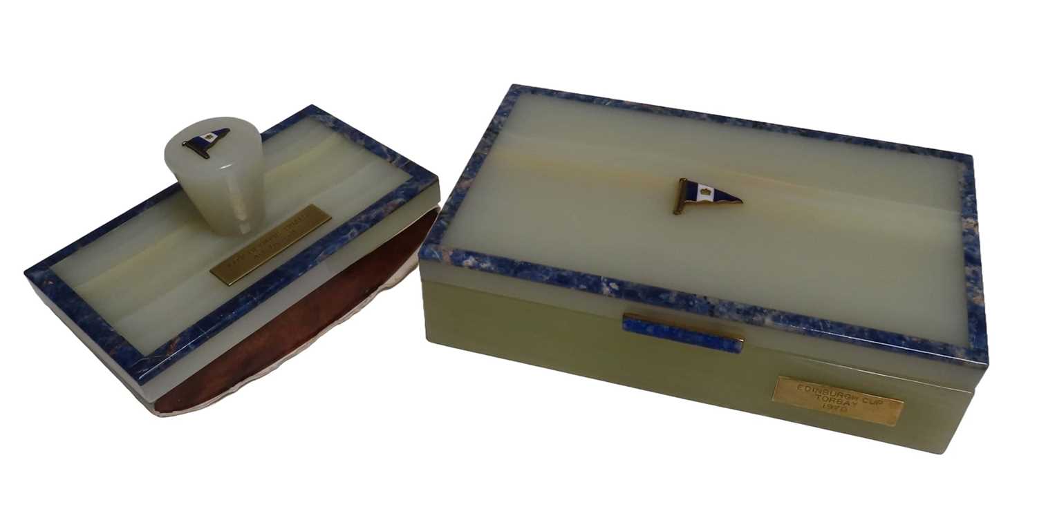 Lot 82 - AN ALABASTER AND BLUE MARBLE DESK SET FOR THE ROYAL TORBAY YACHT CLUB, 20TH CENTURY