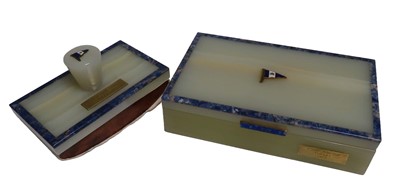 Lot 82 - AN ALABASTER AND BLUE MARBLE DESK SET FOR THE ROYAL TORBAY YACHT CLUB, 20TH CENTURY