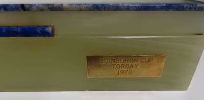 Lot 82 - AN ALABASTER AND BLUE MARBLE DESK SET FOR THE ROYAL TORBAY YACHT CLUB, 20TH CENTURY