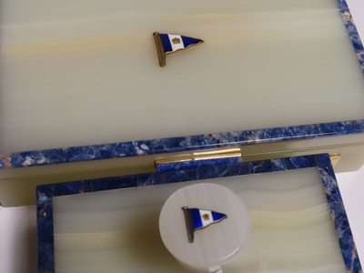 Lot 82 - AN ALABASTER AND BLUE MARBLE DESK SET FOR THE ROYAL TORBAY YACHT CLUB, 20TH CENTURY
