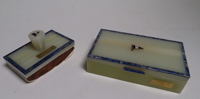Lot 82 - AN ALABASTER AND BLUE MARBLE DESK SET FOR THE ROYAL TORBAY YACHT CLUB, 20TH CENTURY