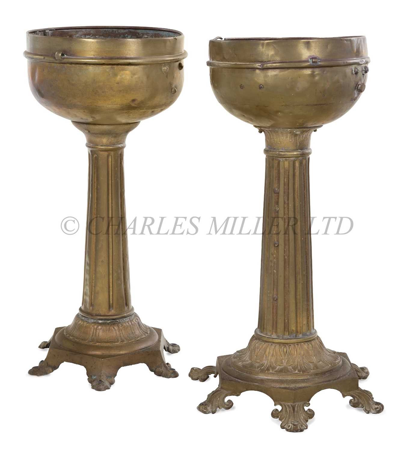 Lot 94 - TWO RARE 19TH CENTURY BRASS BINNACLE PEDESTALS