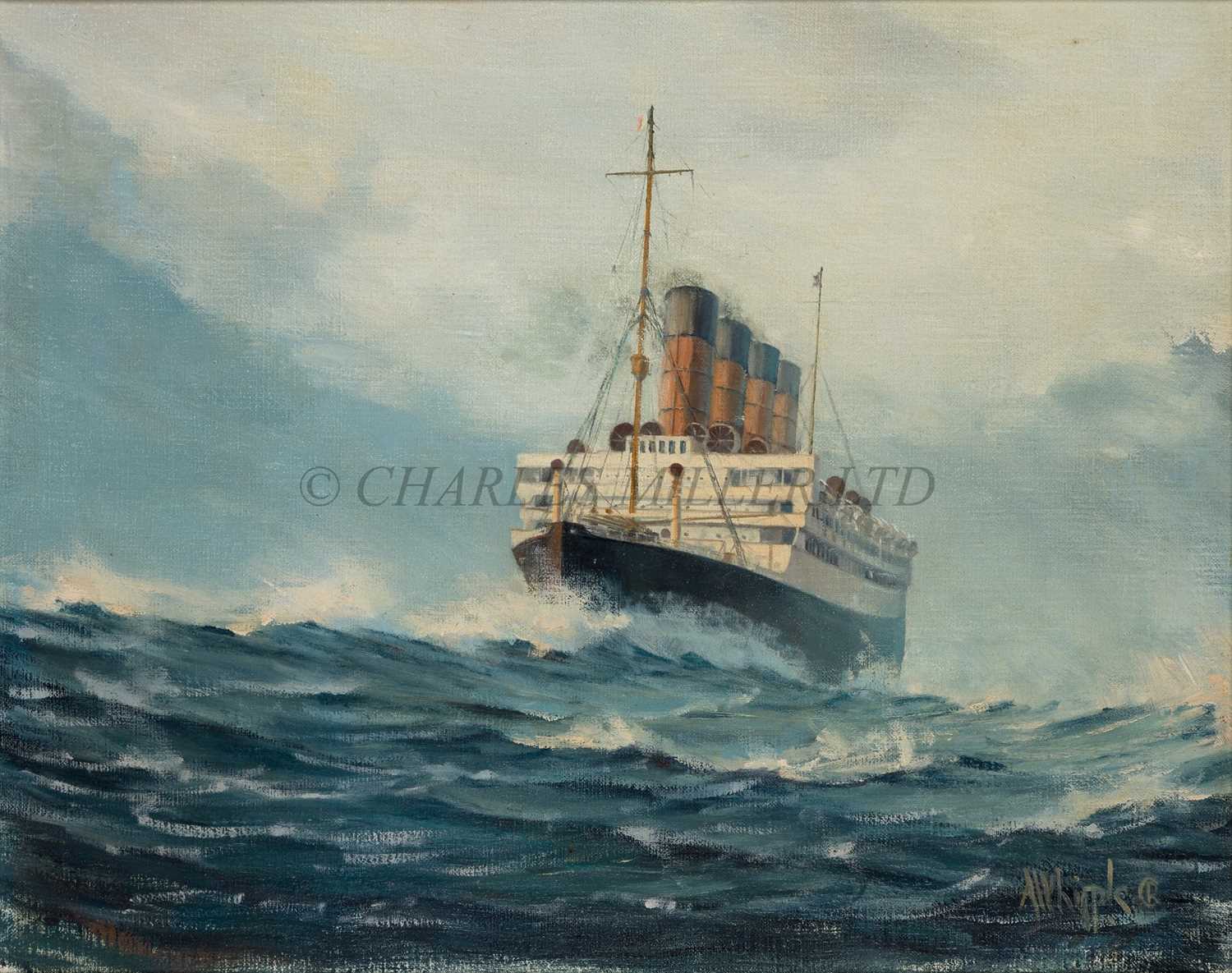 Lot 63 - δ A. WHIPPLE (BRITISH, 20TH CENTURY) - Aquitania at sea