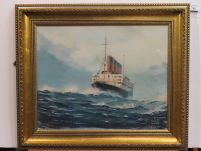 Lot 63 - δ A. WHIPPLE (BRITISH, 20TH CENTURY) - Aquitania at sea