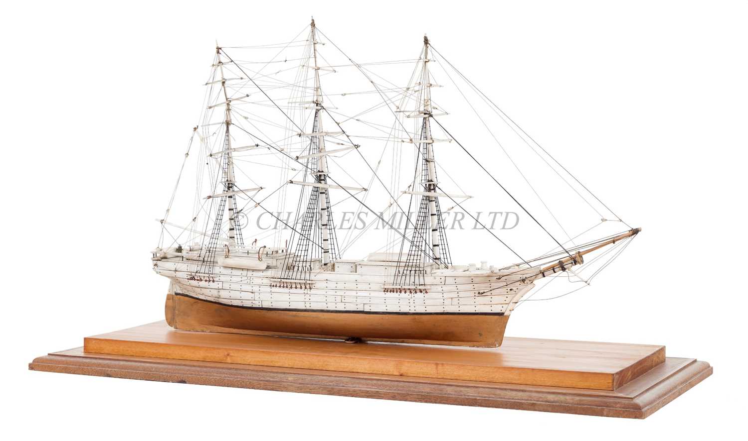 Lot 5 - A WOOD AND BONE MODEL FOR A THREE-MASTED MERCHANT SHIP, CIRCA 1900