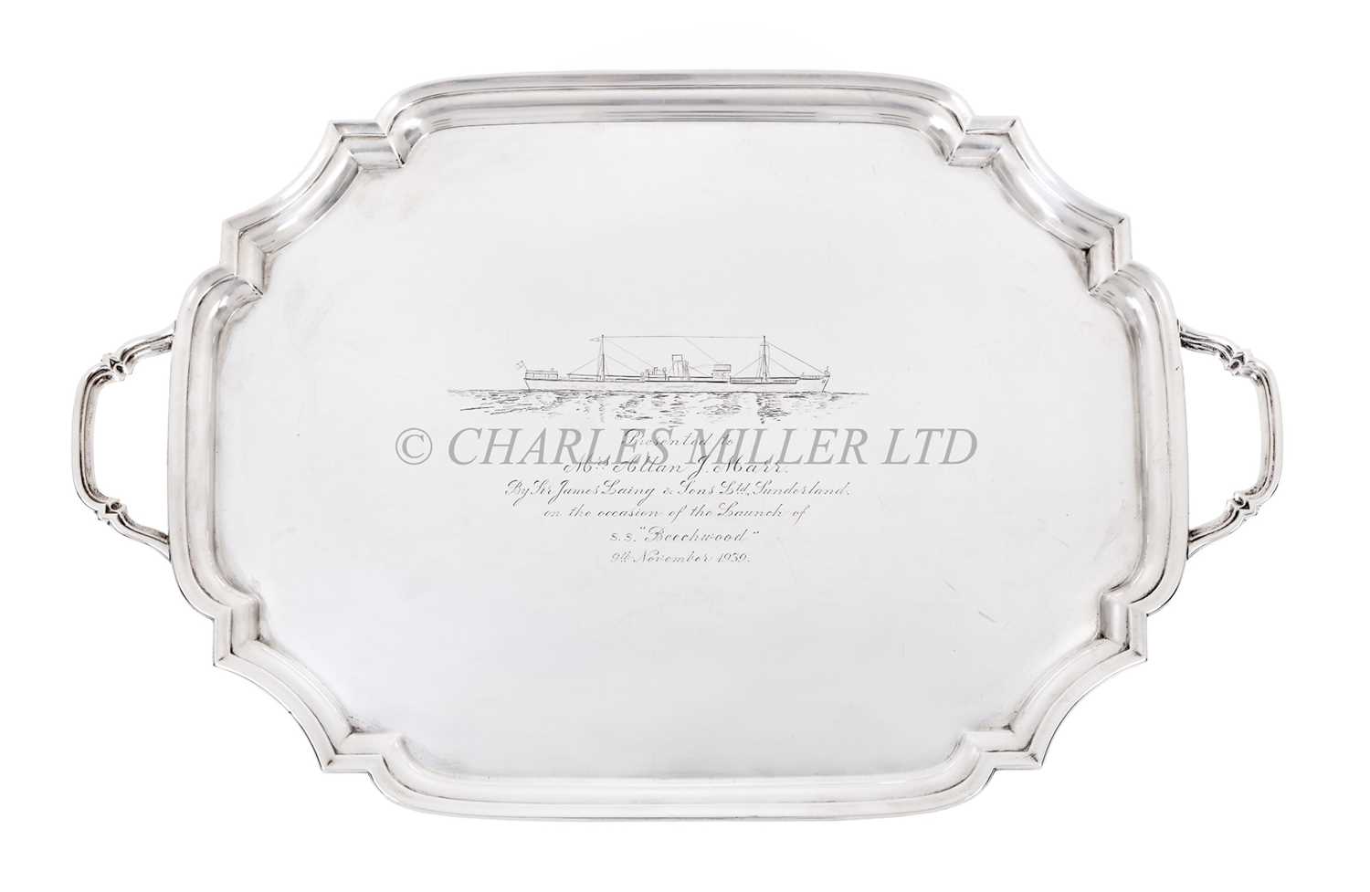 Lot 78 - A SILVER TWIN-HANDLED TRAY COMMEMORATING THE LAUNCH OF THE S.S. 'BEECHWOOD', 1939