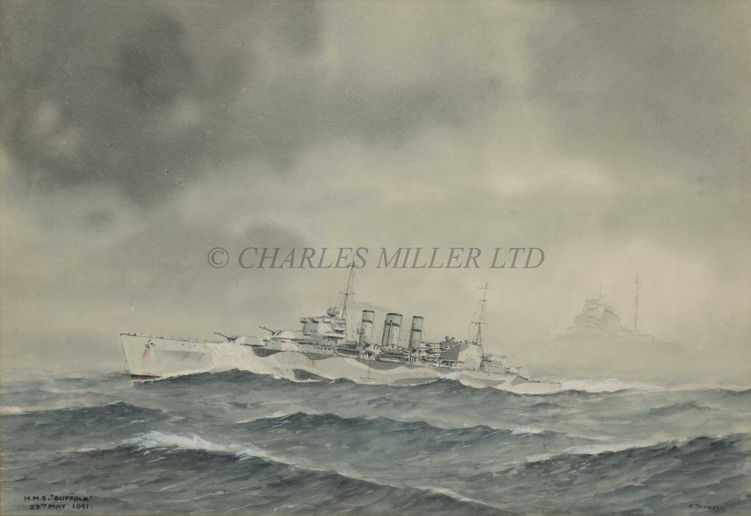 Lot 263 - δ ERIC ERSKINE CAMPBELL TUFNELL (1888-1978) - H.M.S. 'Suffolk' in dazzle camouflage on patrol 23rd May 1941