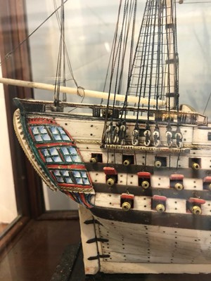 Lot 160 - A EARLY 19TH CENTURY FRENCH NAPOLEONIC PRISONER-OF-WAR BONE SHIP MODEL