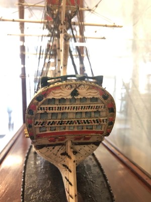 Lot 160 - A EARLY 19TH CENTURY FRENCH NAPOLEONIC PRISONER-OF-WAR BONE SHIP MODEL