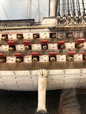 Lot 160 - A EARLY 19TH CENTURY FRENCH NAPOLEONIC PRISONER-OF-WAR BONE SHIP MODEL