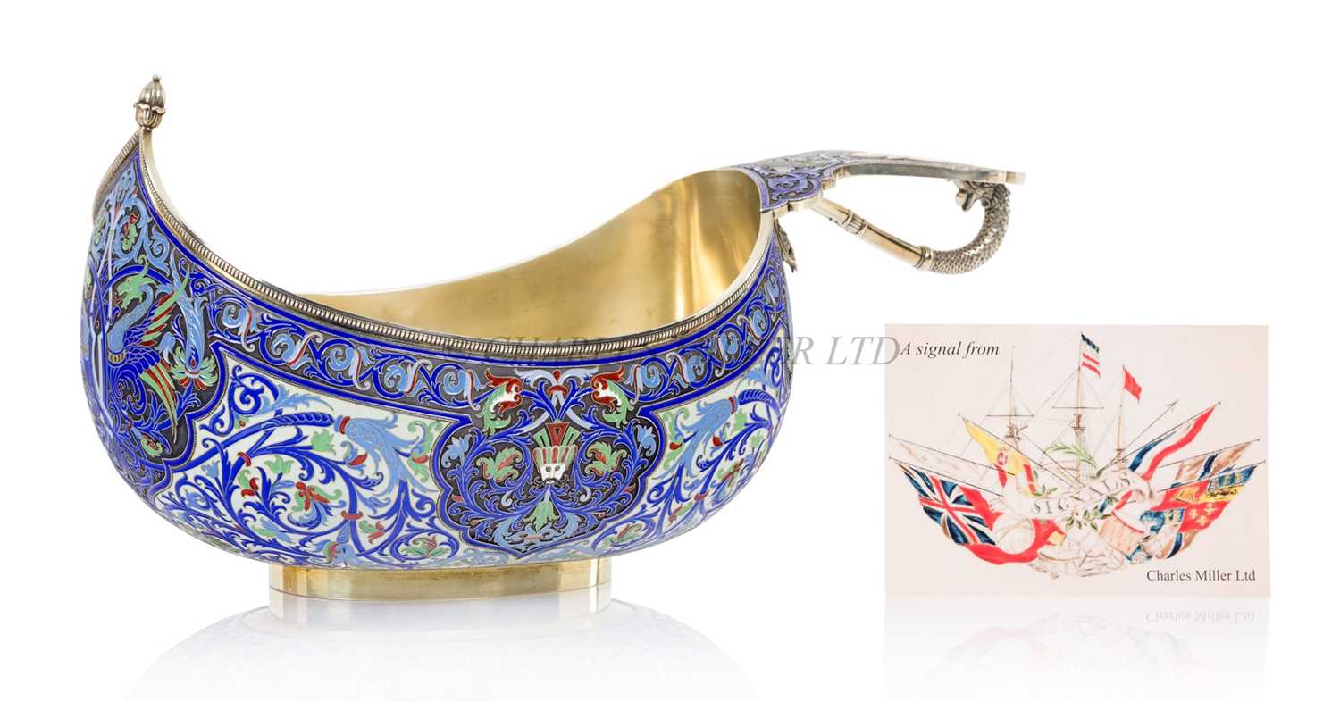 Lot 75 - A LARGE RUSSIAN SILVER-GILT AND CLOISONNÉ ENAMEL CEREMONIAL KOVSH BY GRACHEV BROTHERS, ST PETERSBURG, CIRCA 1892
