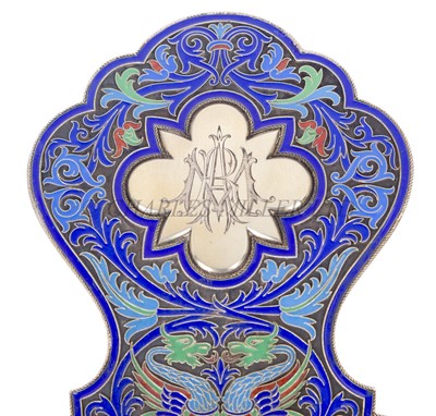 Lot 75 - A LARGE RUSSIAN SILVER-GILT AND CLOISONNÉ ENAMEL CEREMONIAL KOVSH BY GRACHEV BROTHERS, ST PETERSBURG, CIRCA 1892