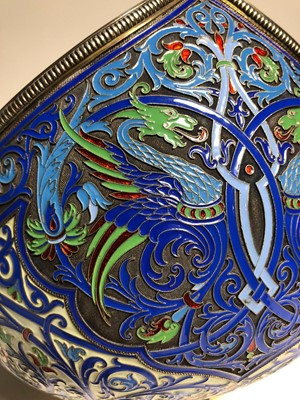 Lot 75 - A LARGE RUSSIAN SILVER-GILT AND CLOISONNÉ ENAMEL CEREMONIAL KOVSH BY GRACHEV BROTHERS, ST PETERSBURG, CIRCA 1892