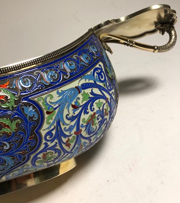Lot 75 - A LARGE RUSSIAN SILVER-GILT AND CLOISONNÉ ENAMEL CEREMONIAL KOVSH BY GRACHEV BROTHERS, ST PETERSBURG, CIRCA 1892