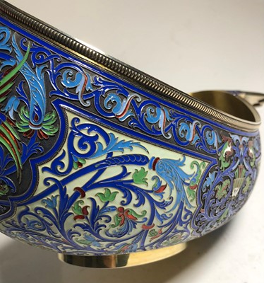 Lot 75 - A LARGE RUSSIAN SILVER-GILT AND CLOISONNÉ ENAMEL CEREMONIAL KOVSH BY GRACHEV BROTHERS, ST PETERSBURG, CIRCA 1892