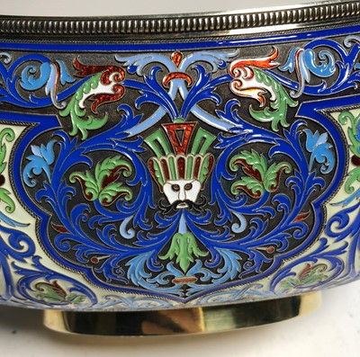 Lot 75 - A LARGE RUSSIAN SILVER-GILT AND CLOISONNÉ ENAMEL CEREMONIAL KOVSH BY GRACHEV BROTHERS, ST PETERSBURG, CIRCA 1892