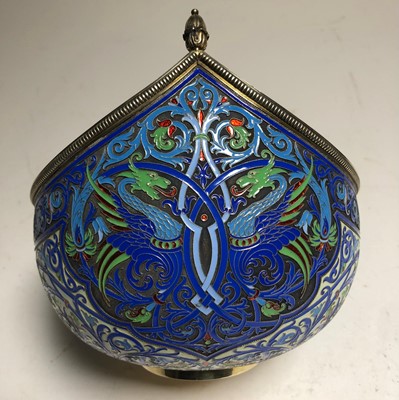 Lot 75 - A LARGE RUSSIAN SILVER-GILT AND CLOISONNÉ ENAMEL CEREMONIAL KOVSH BY GRACHEV BROTHERS, ST PETERSBURG, CIRCA 1892