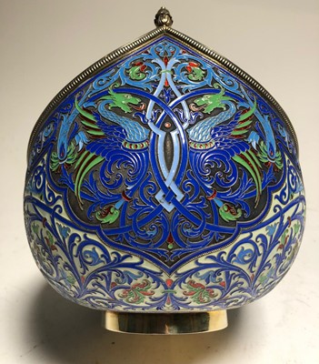 Lot 75 - A LARGE RUSSIAN SILVER-GILT AND CLOISONNÉ ENAMEL CEREMONIAL KOVSH BY GRACHEV BROTHERS, ST PETERSBURG, CIRCA 1892