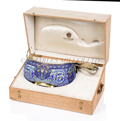 Lot 75 - A LARGE RUSSIAN SILVER-GILT AND CLOISONNÉ ENAMEL CEREMONIAL KOVSH BY GRACHEV BROTHERS, ST PETERSBURG, CIRCA 1892