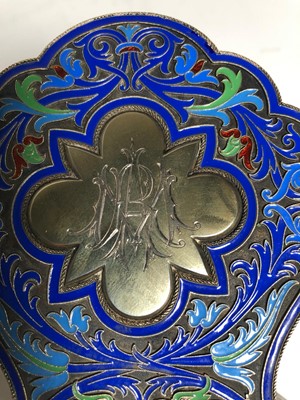 Lot 75 - A LARGE RUSSIAN SILVER-GILT AND CLOISONNÉ ENAMEL CEREMONIAL KOVSH BY GRACHEV BROTHERS, ST PETERSBURG, CIRCA 1892