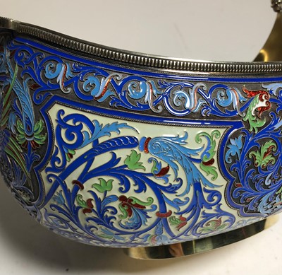 Lot 75 - A LARGE RUSSIAN SILVER-GILT AND CLOISONNÉ ENAMEL CEREMONIAL KOVSH BY GRACHEV BROTHERS, ST PETERSBURG, CIRCA 1892
