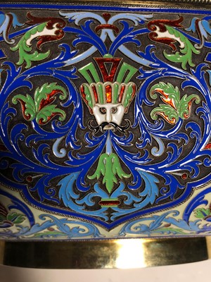 Lot 75 - A LARGE RUSSIAN SILVER-GILT AND CLOISONNÉ ENAMEL CEREMONIAL KOVSH BY GRACHEV BROTHERS, ST PETERSBURG, CIRCA 1892