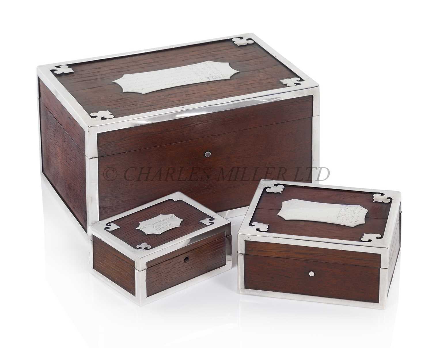 Lot 73 - SILVER-MOUNTED CIGAR AND CIGARETTE BOXES MADE FROM WOOD RECOVERED FROM THE S.S. 'FUKUI MARU' (EX-'ABERGELDIE'), AFTER SHE WAS SUNK AS A BLOCKSHIP AT PORT ARTHUR DURING THE RUSSO-JAPANESE WAR OF 1904