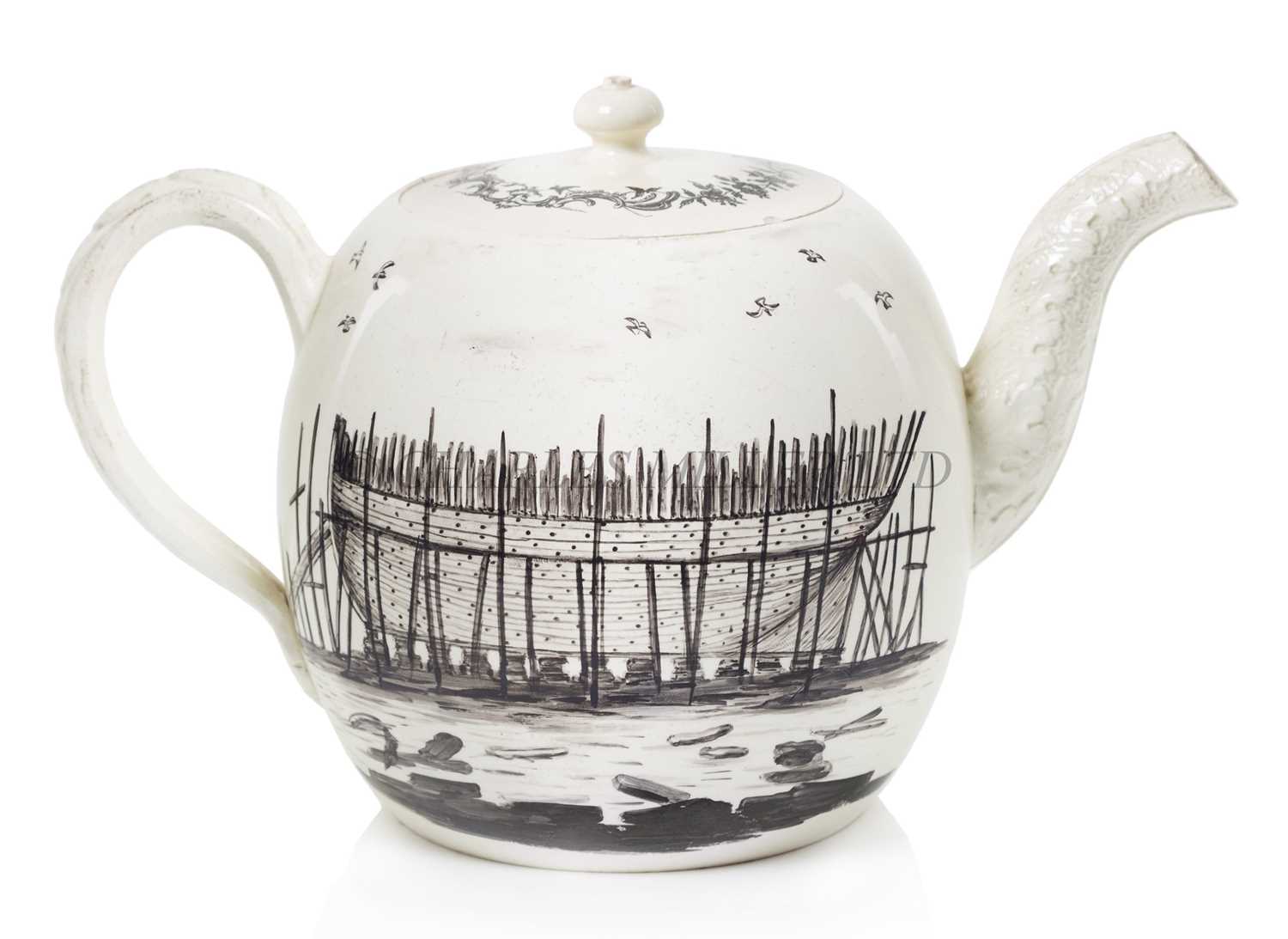Lot 146 - A RARE WEDGWOOD CREAMWARE TEAPOT FOR THE WORSHIPFUL COMPANY OF SHIPWRIGHTS, AND PROBABLY COMMEMORATING THE LAUNCH OF H.M.S. ADVENTURE AT DEPTFORD IN 1784