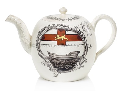 Lot 146 - A RARE WEDGWOOD CREAMWARE TEAPOT FOR THE WORSHIPFUL COMPANY OF SHIPWRIGHTS, AND PROBABLY COMMEMORATING THE LAUNCH OF H.M.S. ADVENTURE AT DEPTFORD IN 1784
