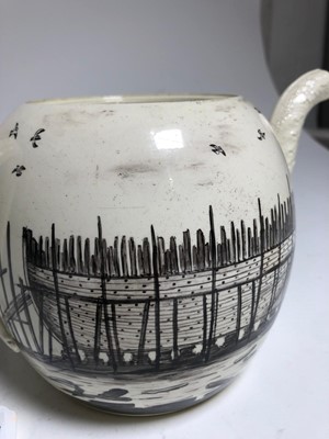 Lot 146 - A RARE WEDGWOOD CREAMWARE TEAPOT FOR THE WORSHIPFUL COMPANY OF SHIPWRIGHTS, AND PROBABLY COMMEMORATING THE LAUNCH OF H.M.S. ADVENTURE AT DEPTFORD IN 1784