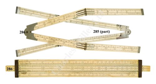 Lot 285 - Ø A SILVER AND IVORY 2FT 2-FOLD CARPENTERS RULE, BY H.S. TROWER, LONDON CIRCA 1900, and a circular protractor