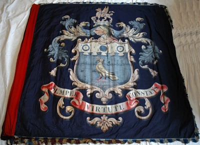Lot 163 - A PAINTED SILK BARGE PENNANT WITH THE BEVAN COAT OF ARMS PRESENTED TO THE WORSHIPFUL COMPANY OF SHIPWRIGHTS, 19TH CENTURY