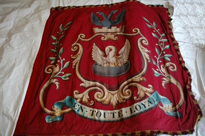 Lot 164 - A PAINTED SILK BARGE PENNANT WITH THE CARNE COAT OF ARMS PRESENTED TO THE WORSHIPFUL COMPANY OF SHIPWRIGHTS, 19TH CENTURY