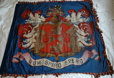 Lot 165 - A PAINTED SILK BARGE PENNANT WITH THE DAVIES COAT OF ARMS PRESENTED TO THE WORSHIPFUL COMPANY OF SHIPWRIGHTS, 19TH CENTURY