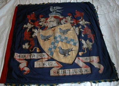 Lot 167 - A PAINTED SILK BARGE PENNANT WITH THE HANSON COAT OF ARMS PRESENTED TO THE WORSHIPFUL COMPANY OF SHIPWRIGHTS, 19TH CENTURY