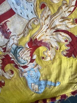 Lot 168 - A PAINTED SILK BARGE PENNANT WITH THE KIRBY COAT OF ARMS PRESENTED TO THE WORSHIPFUL COMPANY OF SHIPWRIGHTS, 19TH CENTURY