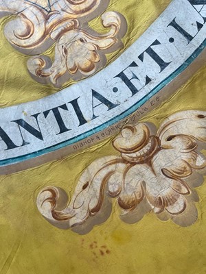 Lot 168 - A PAINTED SILK BARGE PENNANT WITH THE KIRBY COAT OF ARMS PRESENTED TO THE WORSHIPFUL COMPANY OF SHIPWRIGHTS, 19TH CENTURY