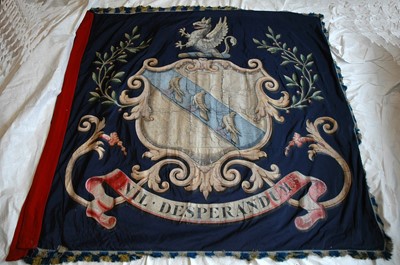 Lot 169 - A PAINTED SILK BARGE PENNANT WITH THE PAGE COAT OF ARMS PRESENTED TO THE WORSHIPFUL COMPANY OF SHIPWRIGHTS, 19TH CENTURY