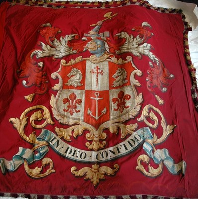 Lot 170 - A PAINTED SILK BARGE PENNANT WITH THE PERKINS COAT OF ARMS PRESENTED TO THE WORSHIPFUL COMPANY OF SHIPWRIGHTS, 19TH CENTURY
