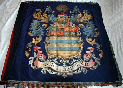Lot 171 - A PAINTED SILK BARGE PENNANT WITH THE DUKE OF RUTLAND COAT OF ARMS PRESENTED TO THE WORSHIPFUL COMPANY OF SHIPWRIGHTS, 19TH CENTURY