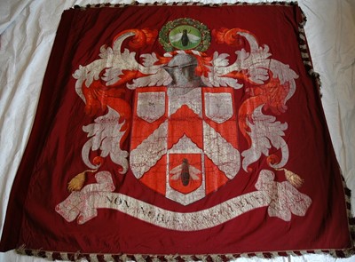 Lot 172 - A PAINTED SILK BARGE PENNANT WITH THE SEWELL COAT OF ARMS PRESENTED TO THE WORSHIPFUL COMPANY OF SHIPWRIGHTS, 19TH CENTURY