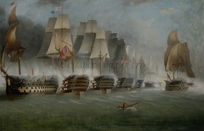 Lot 187 - AFTER RICHARD BARNETT SPENCER (1854-1923) The 140-gun 'Santisima Trinidada' on the point of surrender at the Battle of Trafalgar, 1805