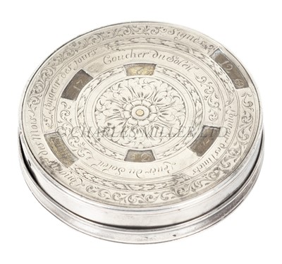 Lot 297 - A SILVER PERPETUAL CALENDAR SNUFF BOX, PROBABLY AUGSBURG FOR THE FRENCH MARKET, CIRCA 1700