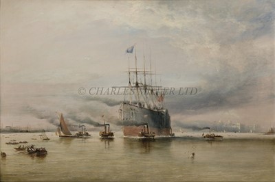 Lot 82 - ATTRIBUTED TO GEORGE CHAMBERS JR (BRITISH, 1830- C.1890) Brunel's 'Great Eastern' assisted by paddle tugs departing John Scott Russell's yard from Millwall on the River Thames