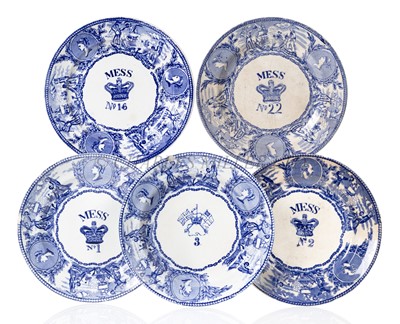 Lot 208 - FIVE BLUE AND WHITE MESS PLATES FOR THE ROYAL NAVY