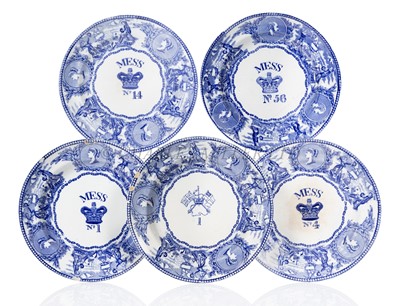 Lot 207 - FIVE BLUE AND WHITE MESS PLATES FOR THE ROYAL NAVY