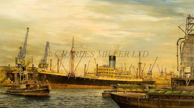 Lot 136 - δ ROBERT G. LLOYD (BRITISH, B. 1969):Blue Funnel (Alfred Holt) Line's passenger-cargo ship 'Dardanus' depicted at Birkenhead Docks in October 1970